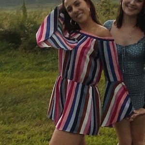 STRIPED OFF THE SHOULDER ROMPER
